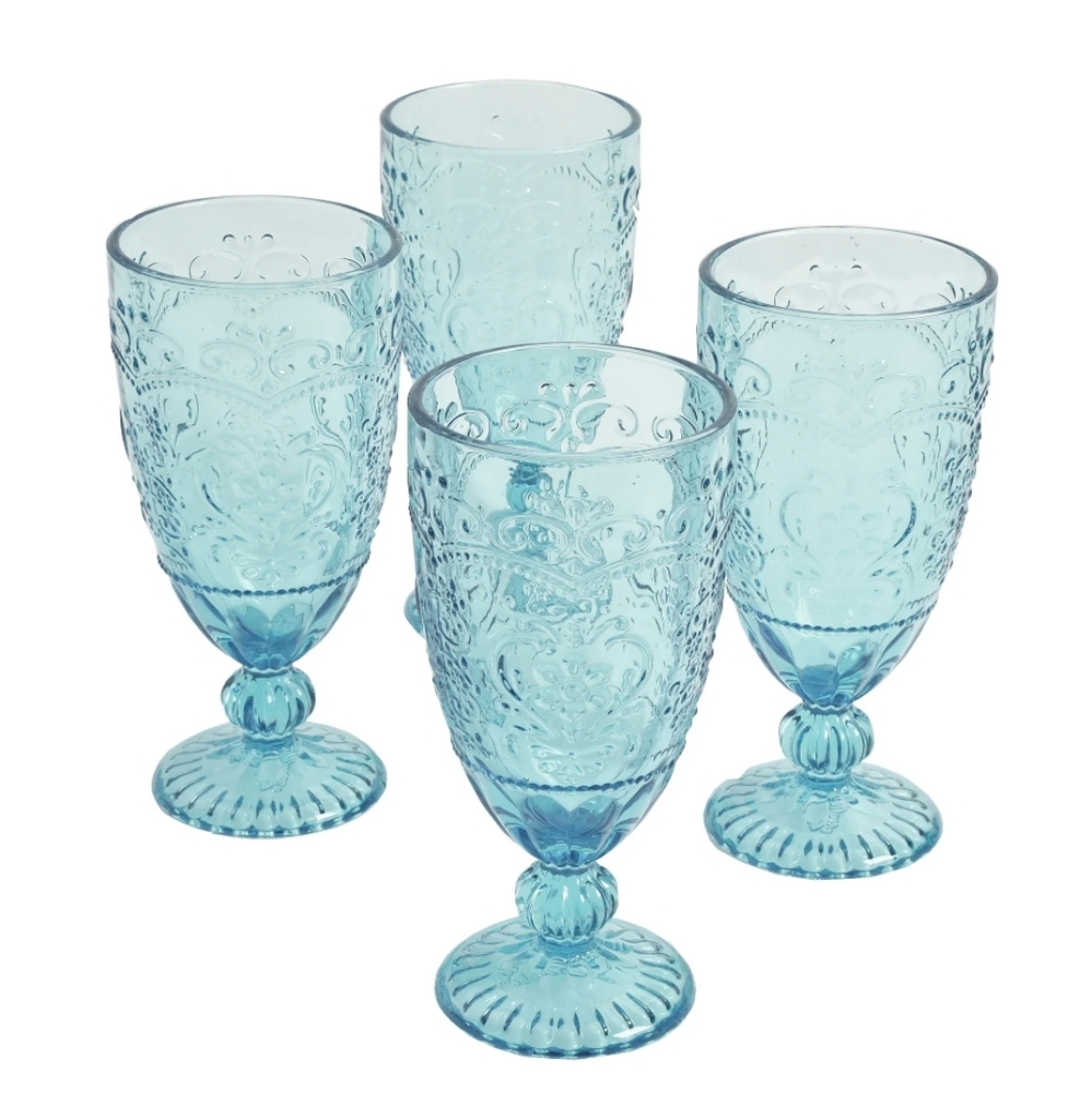 ❤️ The Pioneer Woman Amelia Teal Embossed Glass 14.7o Goblets Set Of 4